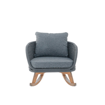 29.5' Contemporary Minimalist Gray Wicker Rocking Chair with Soft Polyester Cushions and Durable Wooden Frame, Perfect for Indoor and Outdoor Spaces like Patio, Balcony, or Living Room