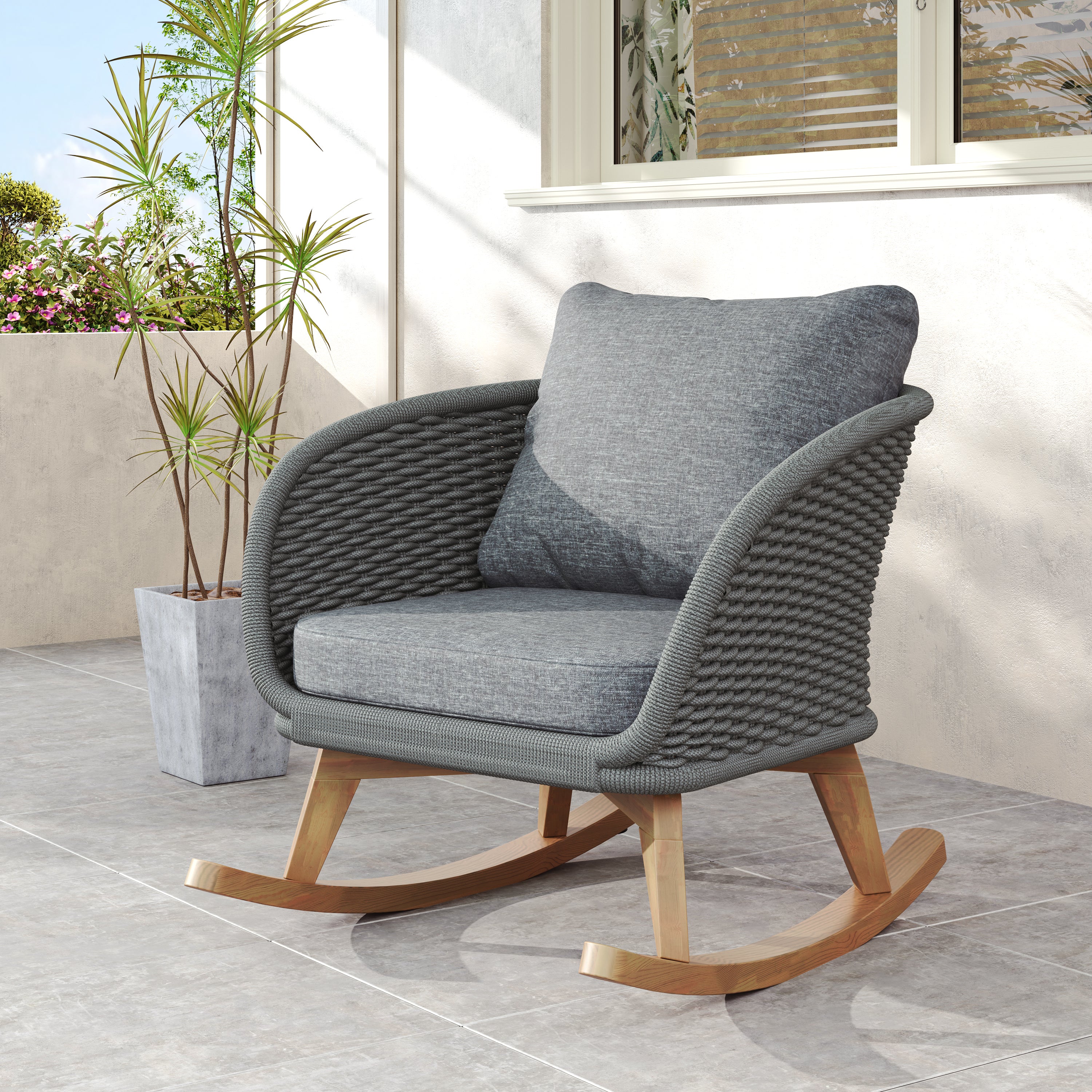29.5' Contemporary Minimalist Gray Wicker Rocking Chair with Soft Polyester Cushions and Durable Wooden Frame, Perfect for Indoor and Outdoor Spaces like Patio, Balcony, or Living Room