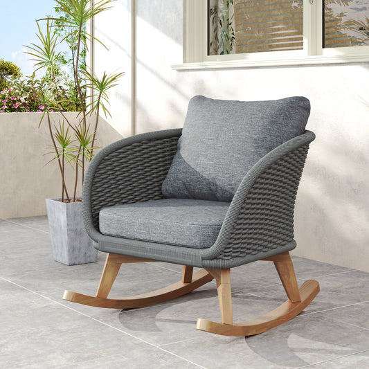 29.5' Contemporary Minimalist Gray Wicker Rocking Chair with Soft Polyester Cushions and Durable Wooden Frame, Perfect for Indoor and Outdoor Spaces like Patio, Balcony, or Living Room
