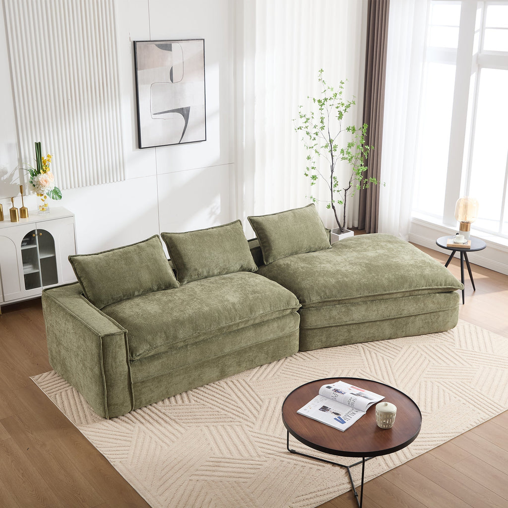 Modern Minimalist Modular Sectional Sofa, Upholstered Cloud Couch with Deep Seats, Green Fabric, Right Facing Chaise