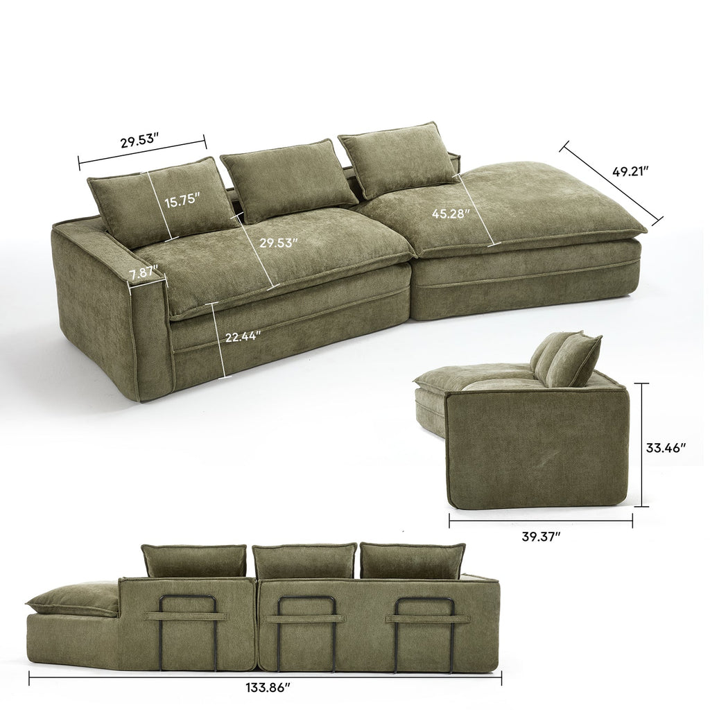 Modern Minimalist Modular Sectional Sofa, Upholstered Cloud Couch with Deep Seats, Green Fabric, Right Facing Chaise
