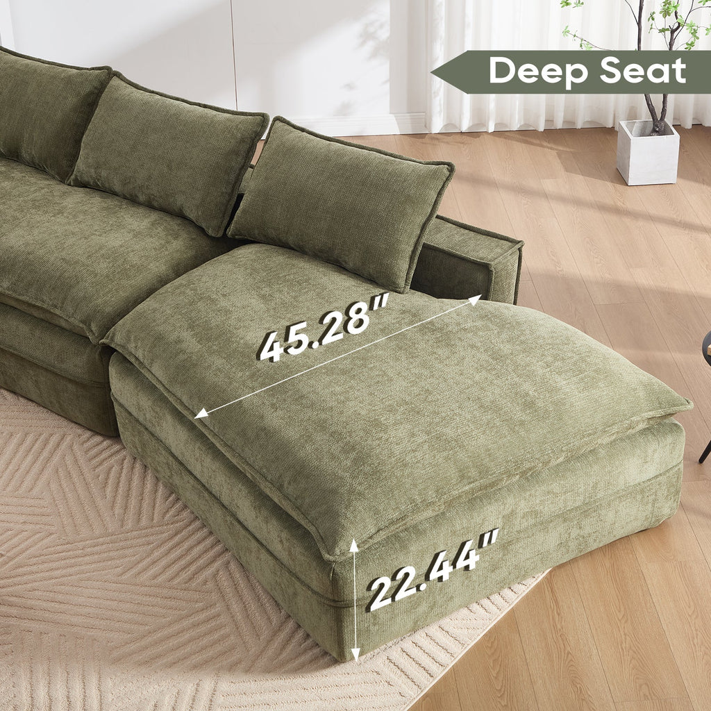 Modern Minimalist Modular Sectional Sofa, Upholstered Cloud Couch with Deep Seats, Green Fabric, Right Facing Chaise