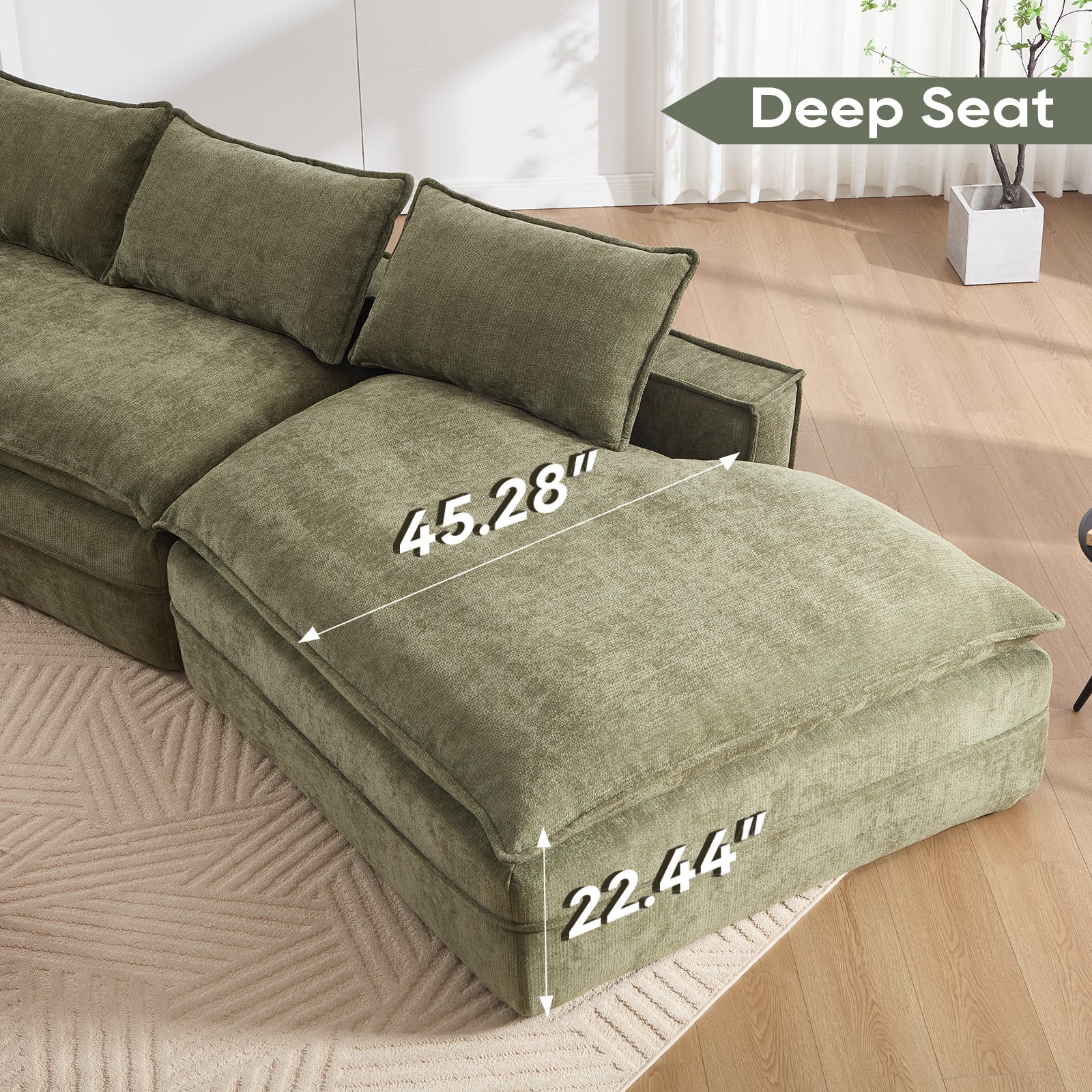 Modern Minimalist Modular Sectional Sofa, Upholstered Cloud Couch with Deep Seats, Green Fabric, Right Facing Chaise