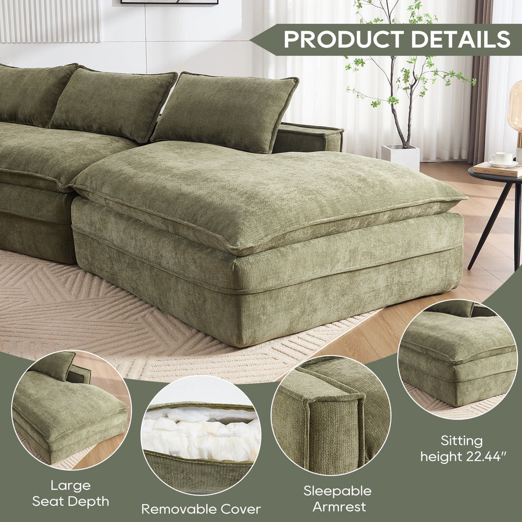 Modern Minimalist Modular Sectional Sofa, Upholstered Cloud Couch with Deep Seats, Green Fabric, Right Facing Chaise