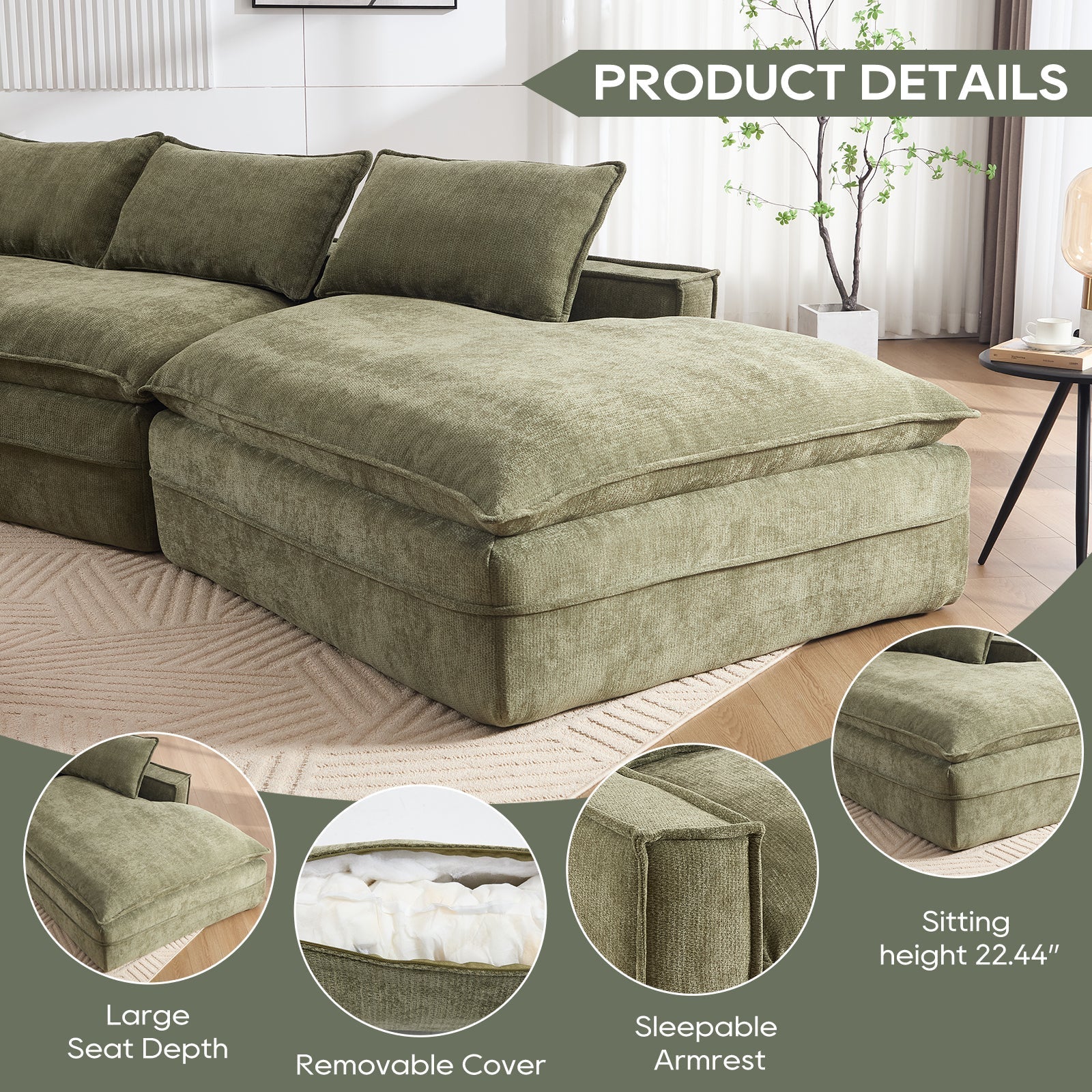 Modern Minimalist Modular Sectional Sofa, Upholstered Cloud Couch with Deep Seats, Green Fabric, Right Facing Chaise