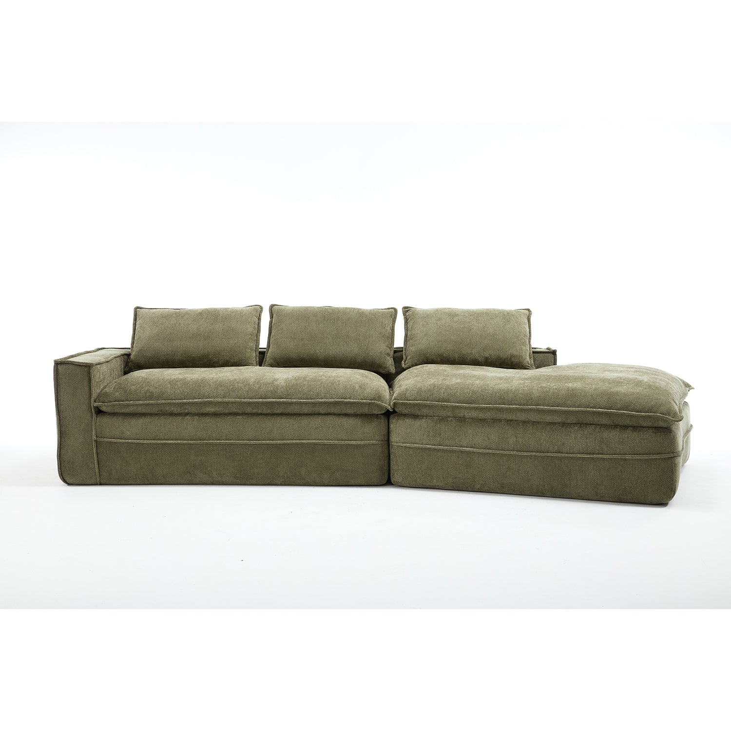 Modern Minimalist Modular Sectional Sofa, Upholstered Cloud Couch with Deep Seats, Green Fabric, Right Facing Chaise