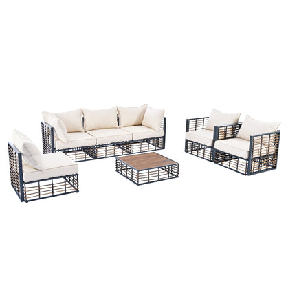 TOPMAX Modern Minimalist 7-Piece Metal Patio Sectional Sofa Set, All-Weather Garden Conversational Furniture Set with Thick Cushions and Coffee Table for Indoor Outdoor, Gray - Groovy Boardz