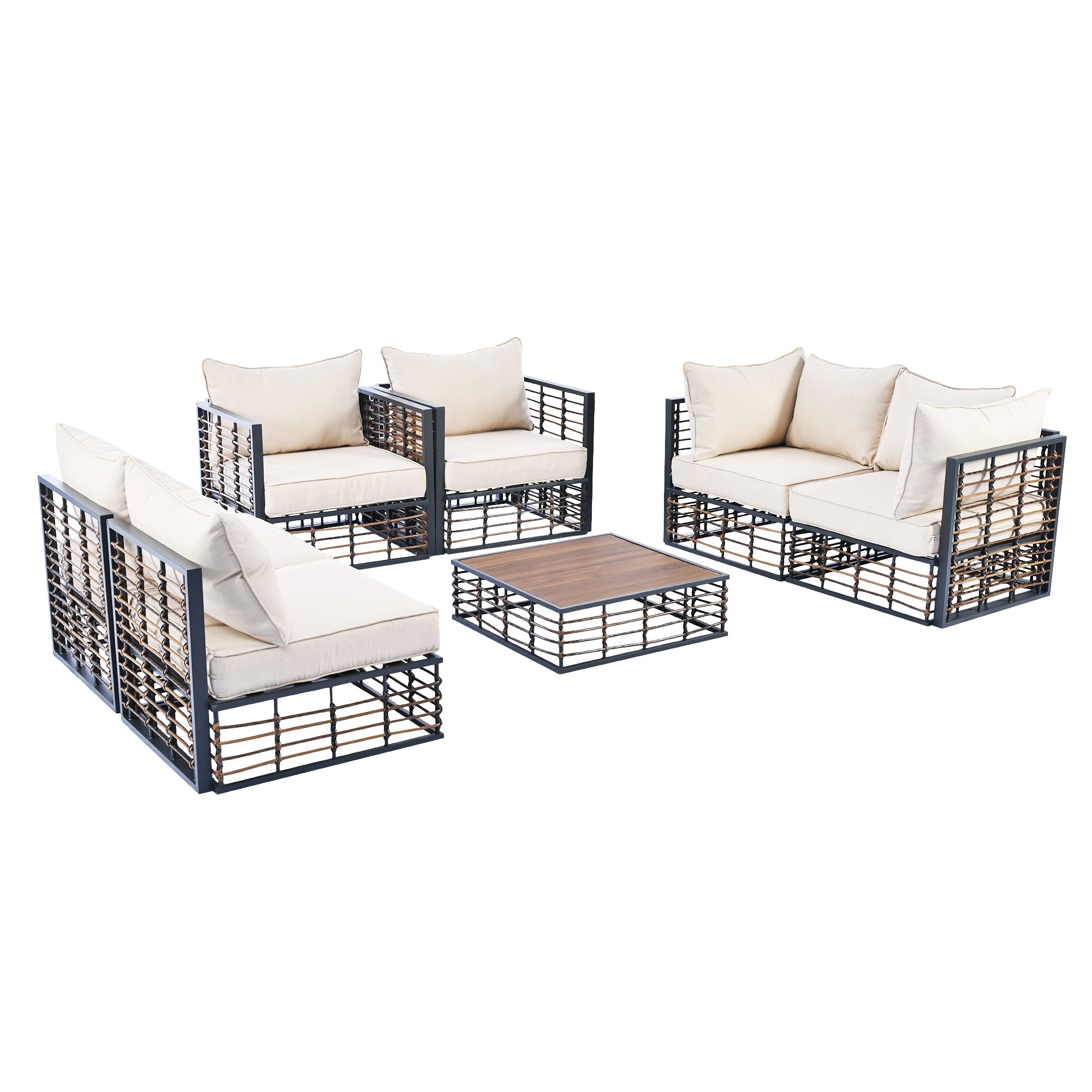TOPMAX Modern Minimalist 7-Piece Metal Patio Sectional Sofa Set, All-Weather Garden Conversational Furniture Set with Thick Cushions and Coffee Table for Indoor Outdoor, Gray - Groovy Boardz