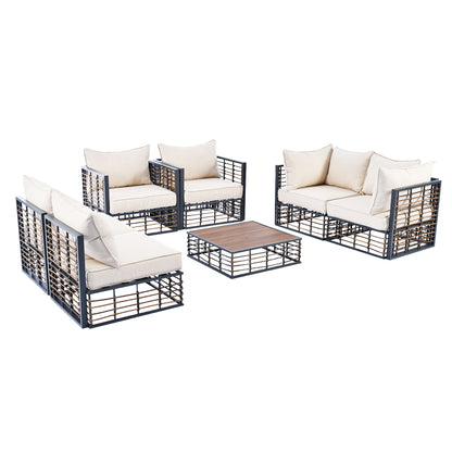 TOPMAX Modern Minimalist 7-Piece Metal Patio Sectional Sofa Set, All-Weather Garden Conversational Furniture Set with Thick Cushions and Coffee Table for Indoor Outdoor, Gray - Groovy Boardz