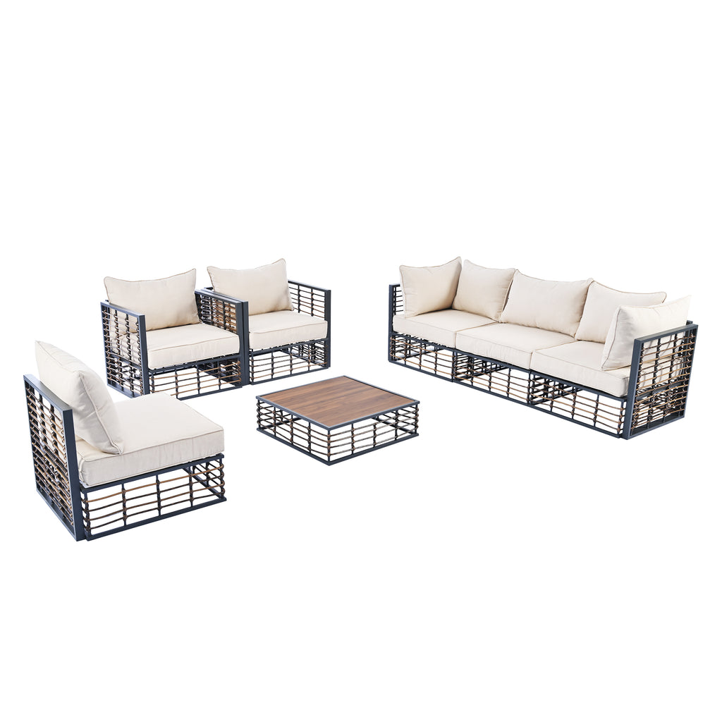 TOPMAX Modern Minimalist 7-Piece Metal Patio Sectional Sofa Set, All-Weather Garden Conversational Furniture Set with Thick Cushions and Coffee Table for Indoor Outdoor, Gray - Groovy Boardz
