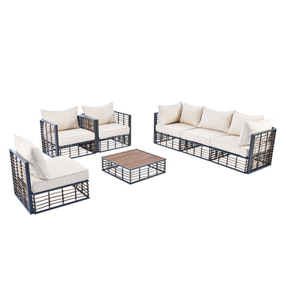 TOPMAX Modern Minimalist 7-Piece Metal Patio Sectional Sofa Set, All-Weather Garden Conversational Furniture Set with Thick Cushions and Coffee Table for Indoor Outdoor, Gray - Groovy Boardz