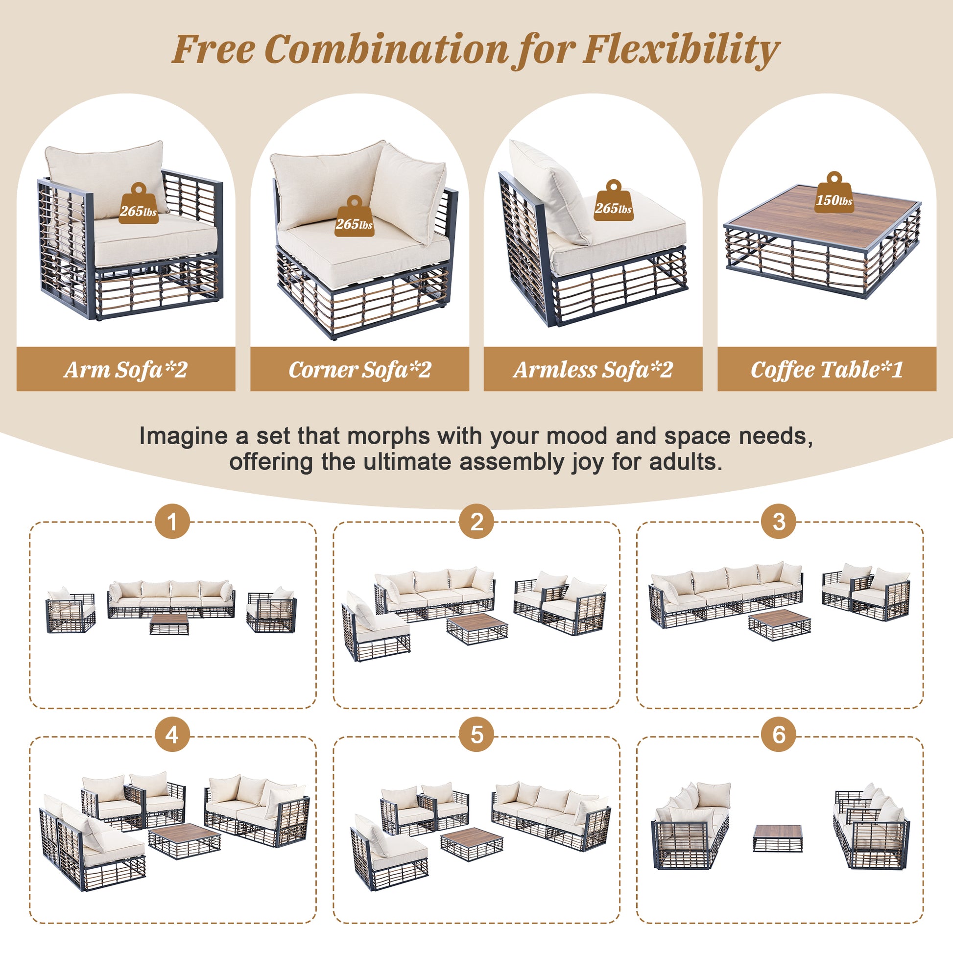 TOPMAX Modern Minimalist 7-Piece Metal Patio Sectional Sofa Set, All-Weather Garden Conversational Furniture Set with Thick Cushions and Coffee Table for Indoor Outdoor, Gray - Groovy Boardz