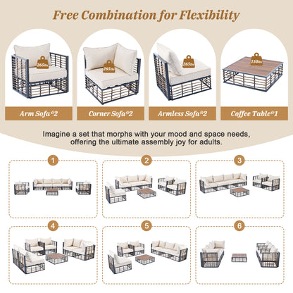 TOPMAX Modern Minimalist 7-Piece Metal Patio Sectional Sofa Set, All-Weather Garden Conversational Furniture Set with Thick Cushions and Coffee Table for Indoor Outdoor, Gray - Groovy Boardz