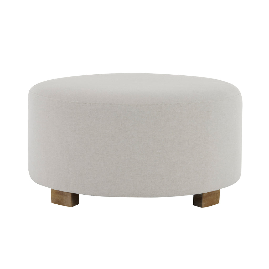 White Fabric Round Ottoman with Wooden Legs, Modern Minimalist Ottoman