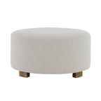 White Fabric Round Ottoman with Wooden Legs, Modern Minimalist Ottoman
