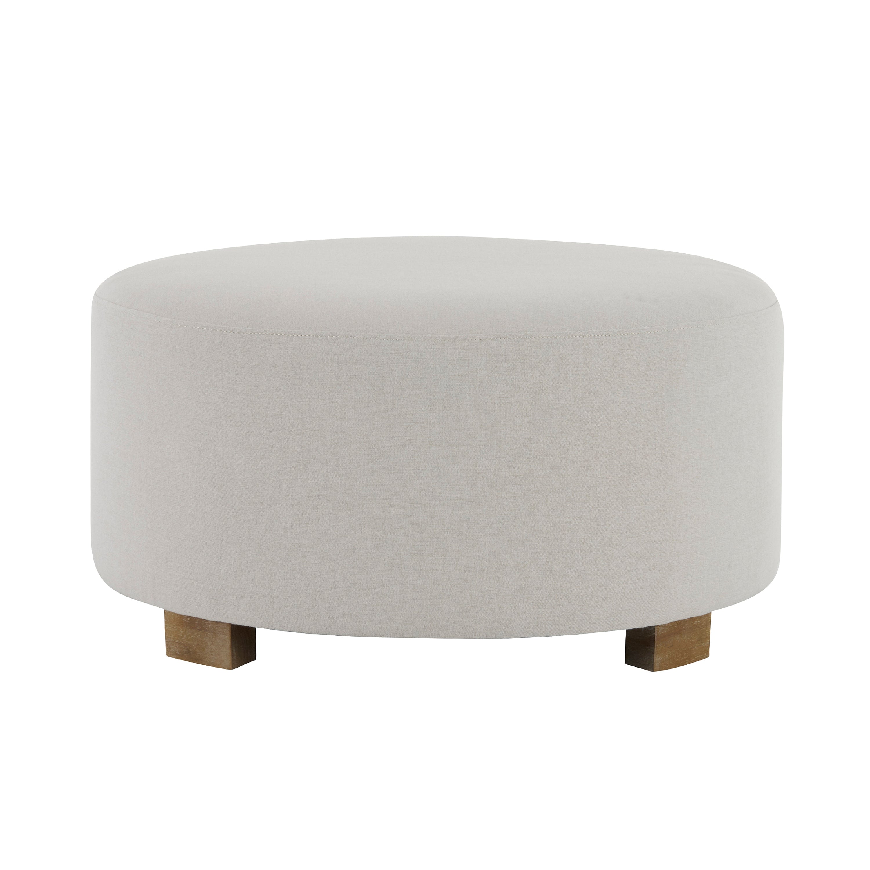White Fabric Round Ottoman with Wooden Legs, Modern Minimalist Ottoman