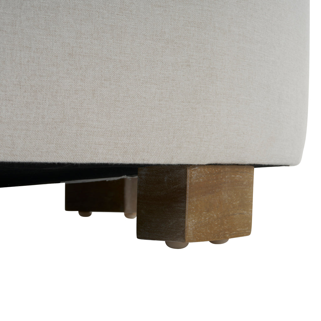 White Fabric Round Ottoman with Wooden Legs, Modern Minimalist Ottoman