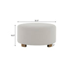 White Fabric Round Ottoman with Wooden Legs, Modern Minimalist Ottoman