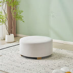 White Fabric Round Ottoman with Wooden Legs, Modern Minimalist Ottoman