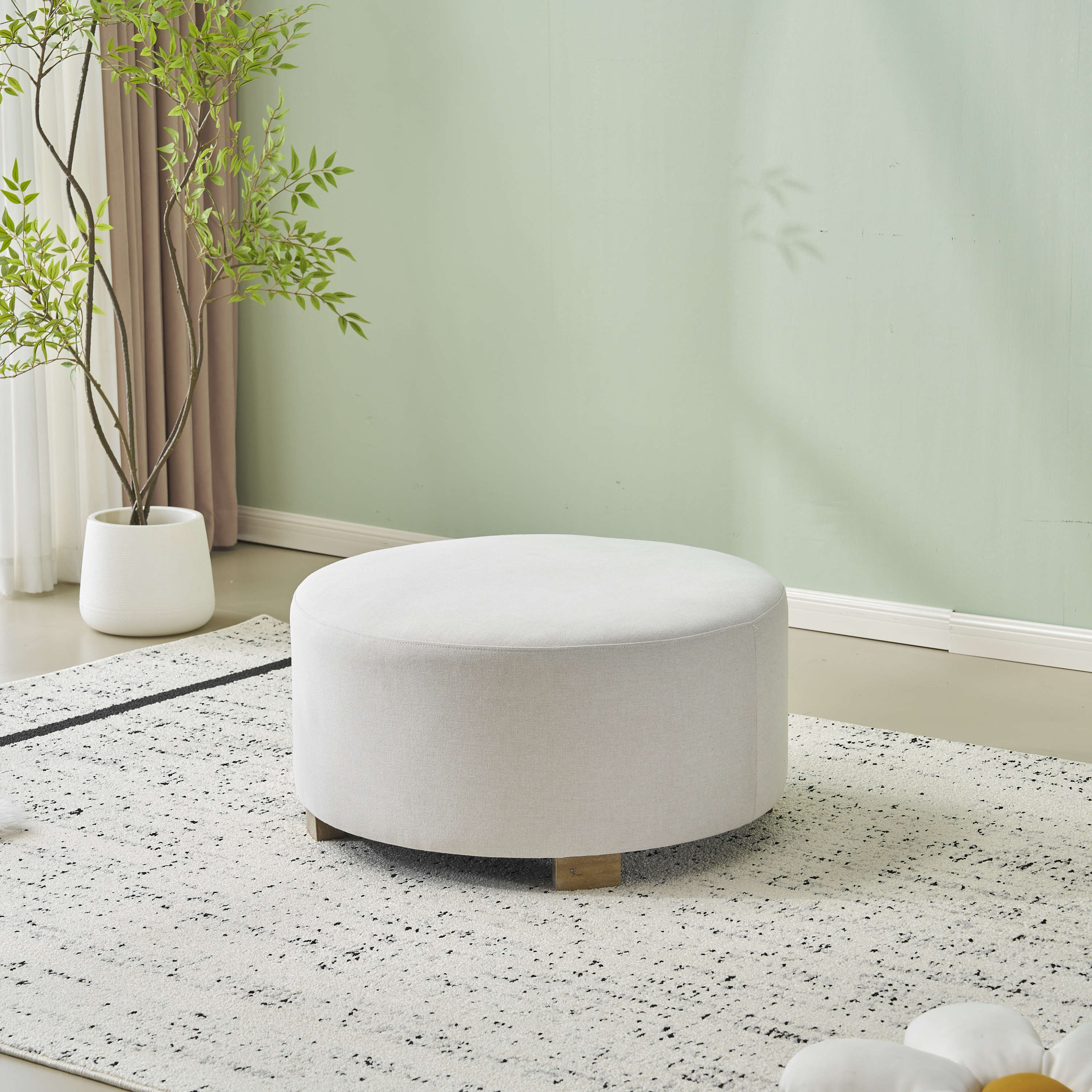 White Fabric Round Ottoman with Wooden Legs, Modern Minimalist Ottoman