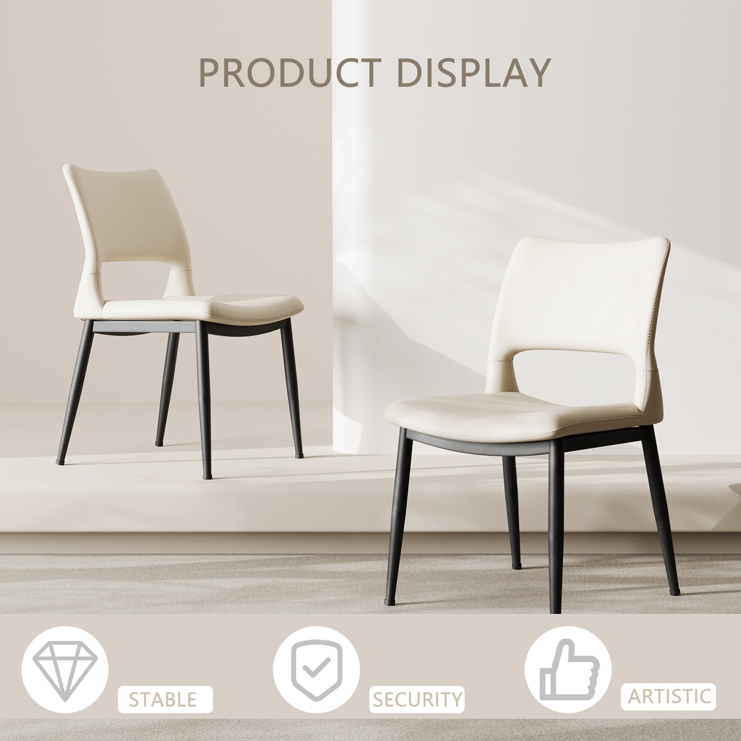 Modern minimalist white PU leather Dining Chairs Set of 2, comfortable backrest design, metal leg support, suitable for restaurants, kitchens, and offices.