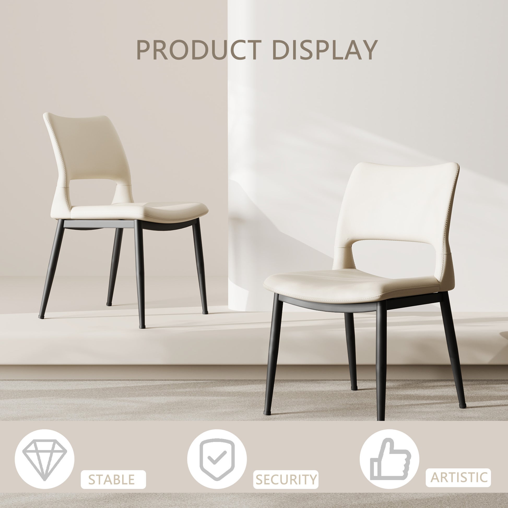 Modern minimalist white PU leather Dining Chairs Set of 2, comfortable backrest design, metal leg support, suitable for restaurants, kitchens, and offices.