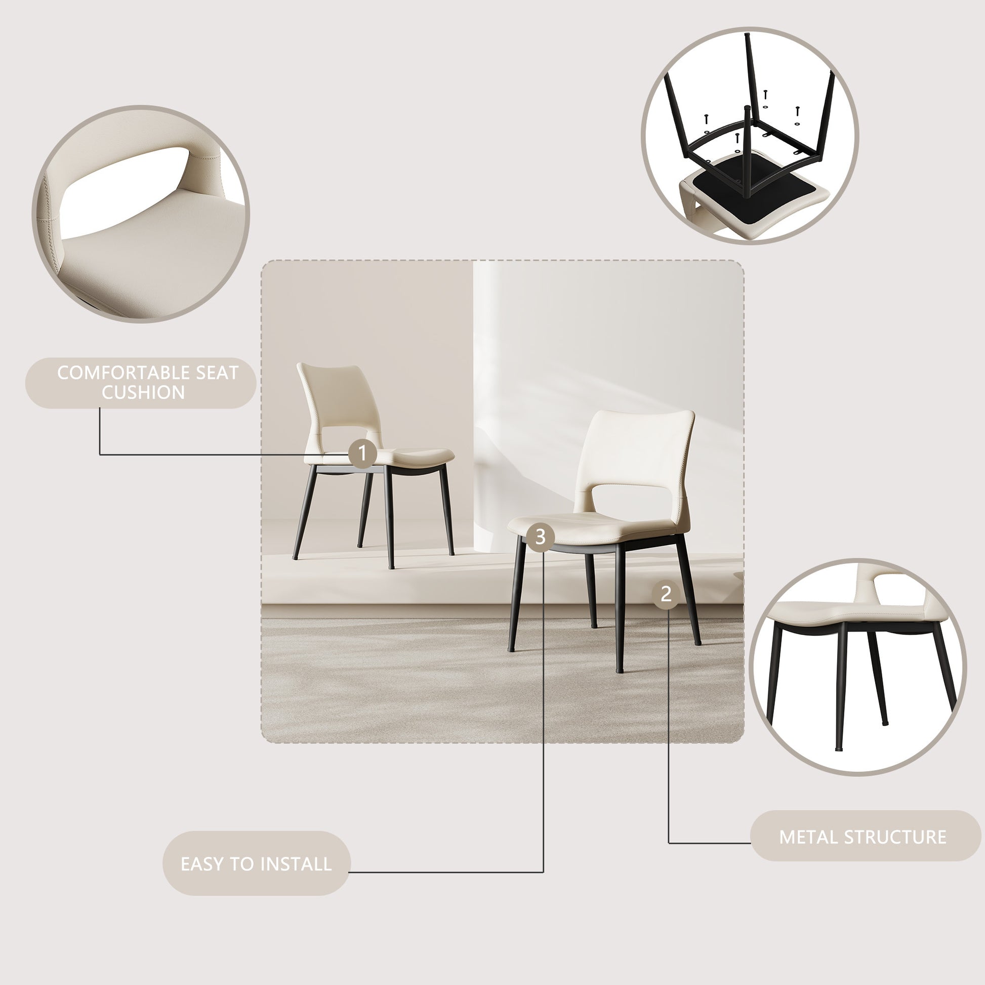 Modern minimalist white PU leather Dining Chairs Set of 2, comfortable backrest design, metal leg support, suitable for restaurants, kitchens, and offices.