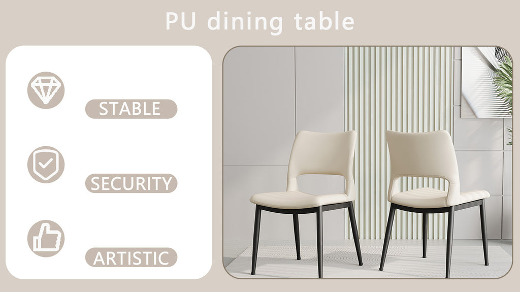 Modern minimalist white PU leather Dining Chairs Set of 2, comfortable backrest design, metal leg support, suitable for restaurants, kitchens, and offices.