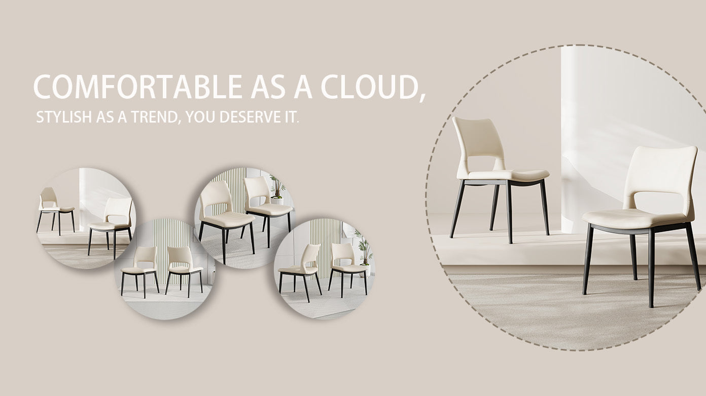 Modern minimalist white PU leather Dining Chairs Set of 2, comfortable backrest design, metal leg support, suitable for restaurants, kitchens, and offices.