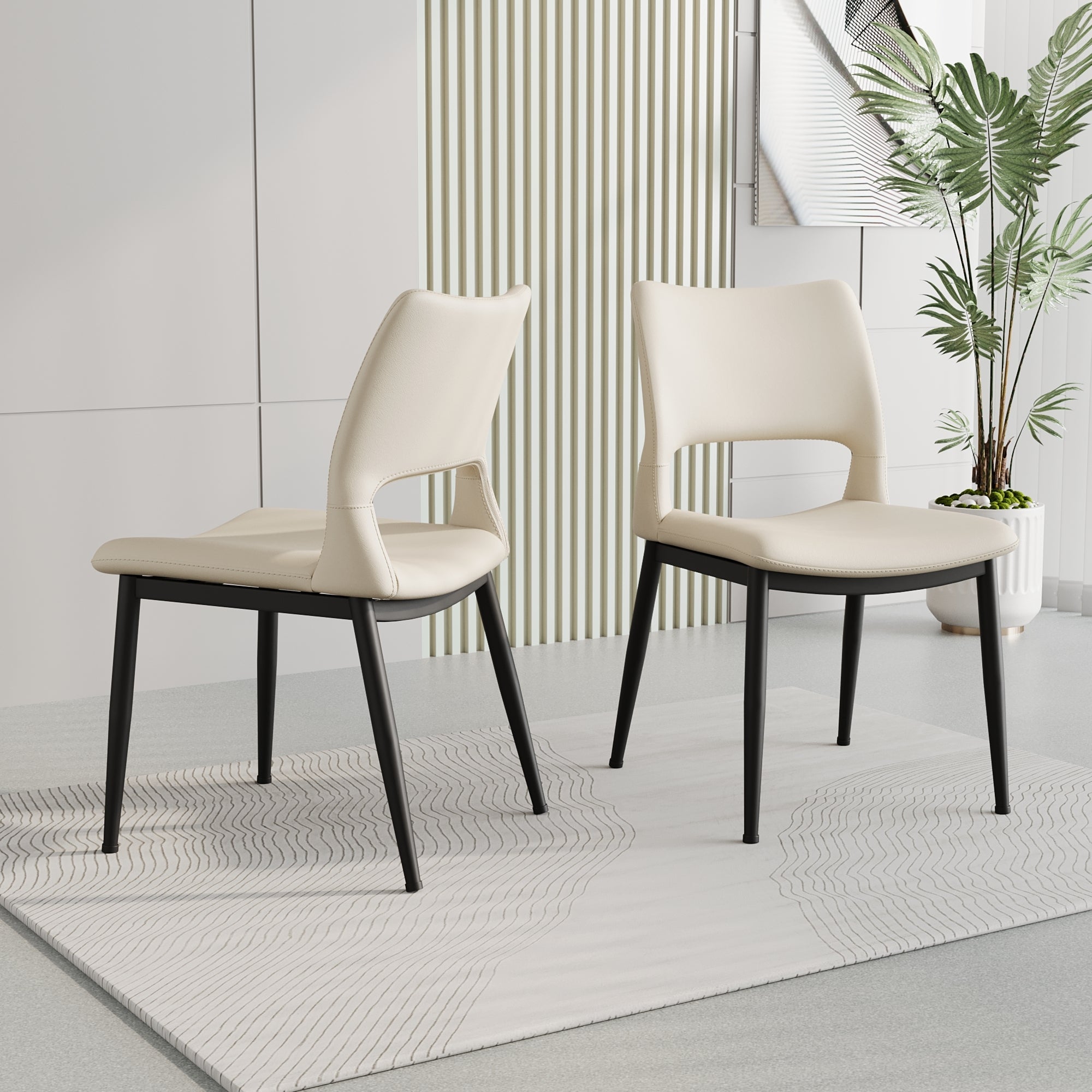 Modern minimalist white PU leather Dining Chairs Set of 2, comfortable backrest design, metal leg support, suitable for restaurants, kitchens, and offices.