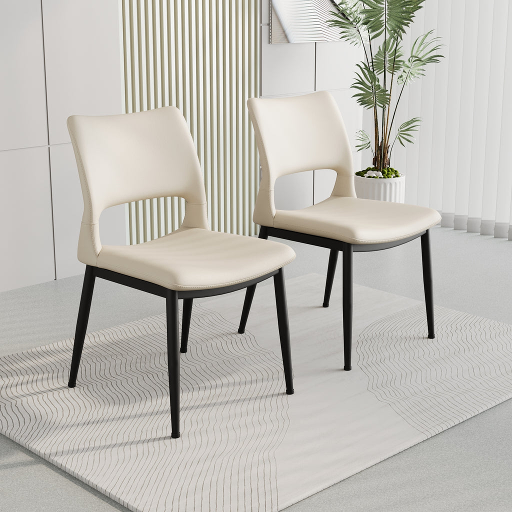 Modern minimalist white PU leather Dining Chairs Set of 2, comfortable backrest design, metal leg support, suitable for restaurants, kitchens, and offices.