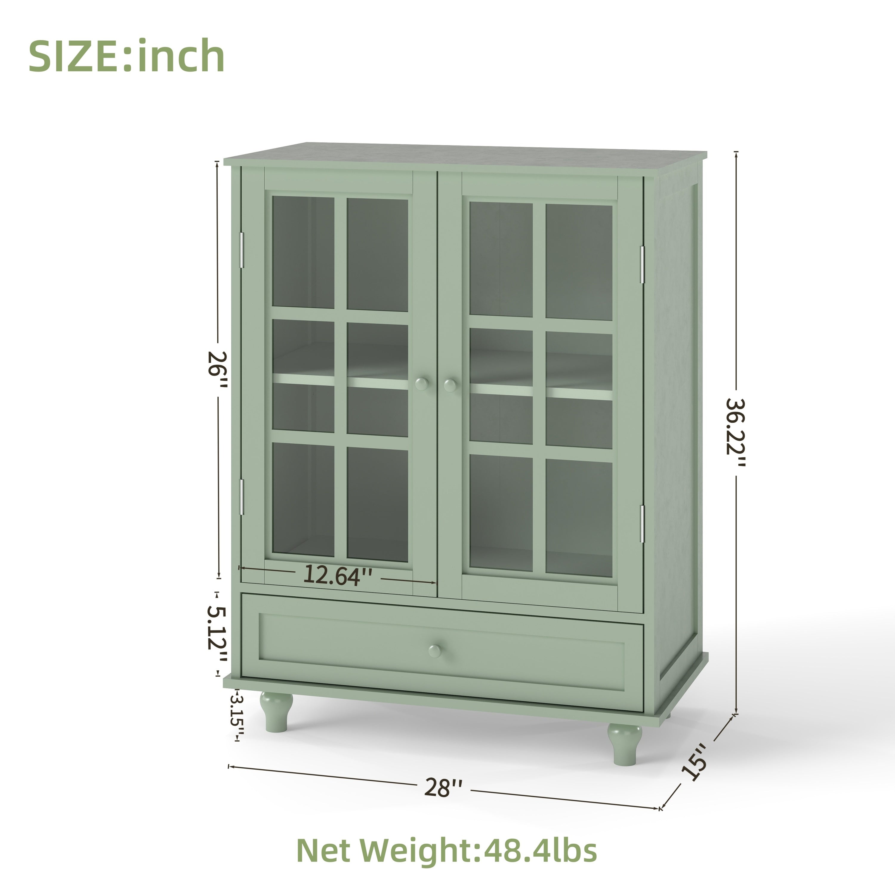 Minimalism Buffet Cabinet with Double Glass Doors and Drawer, Modern Wooden Storage Sideboard Cupboard for Living room, Dining Room Hallway Entryway (Mint Green)