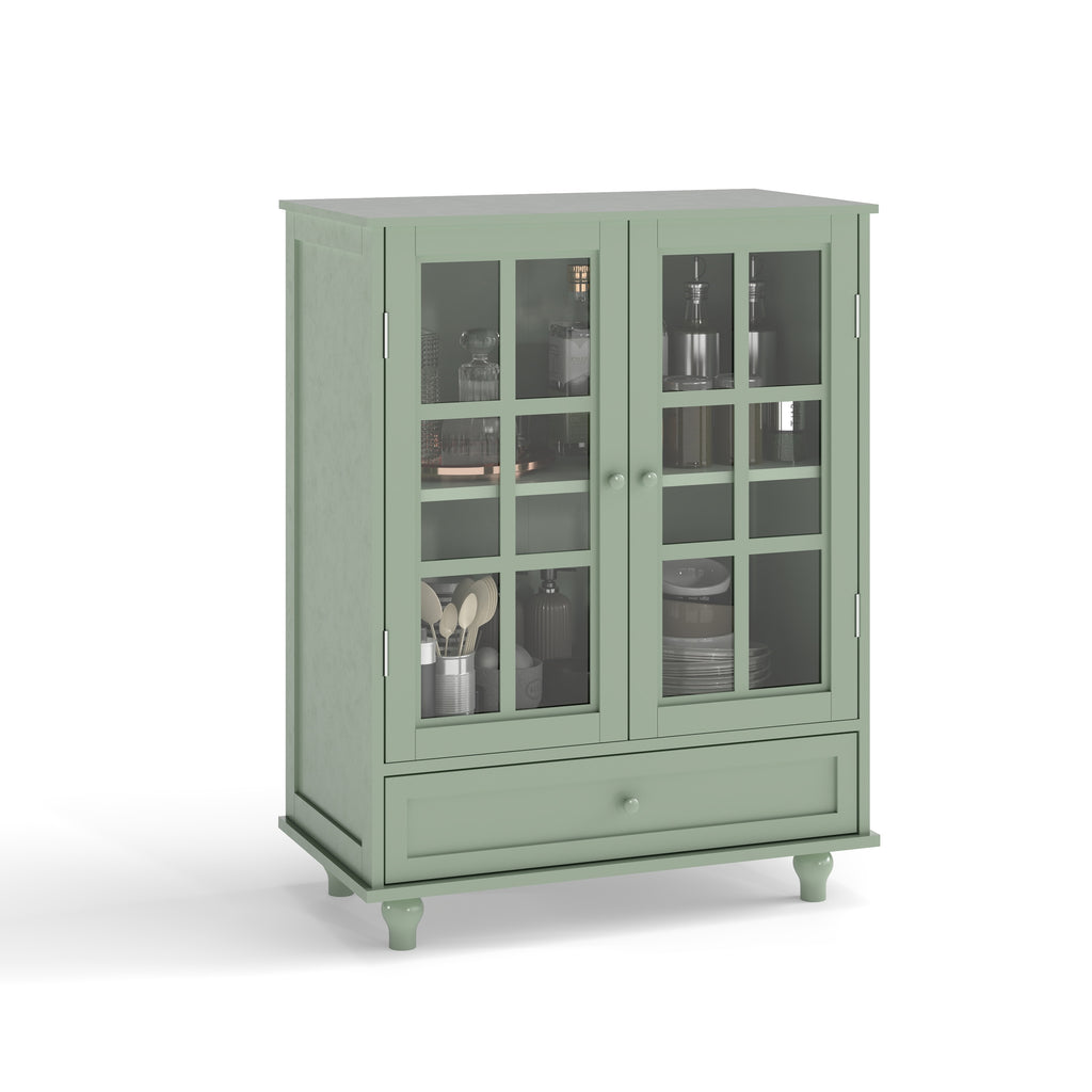Minimalism Buffet Cabinet with Double Glass Doors and Drawer, Modern Wooden Storage Sideboard Cupboard for Living room, Dining Room Hallway Entryway (Mint Green)