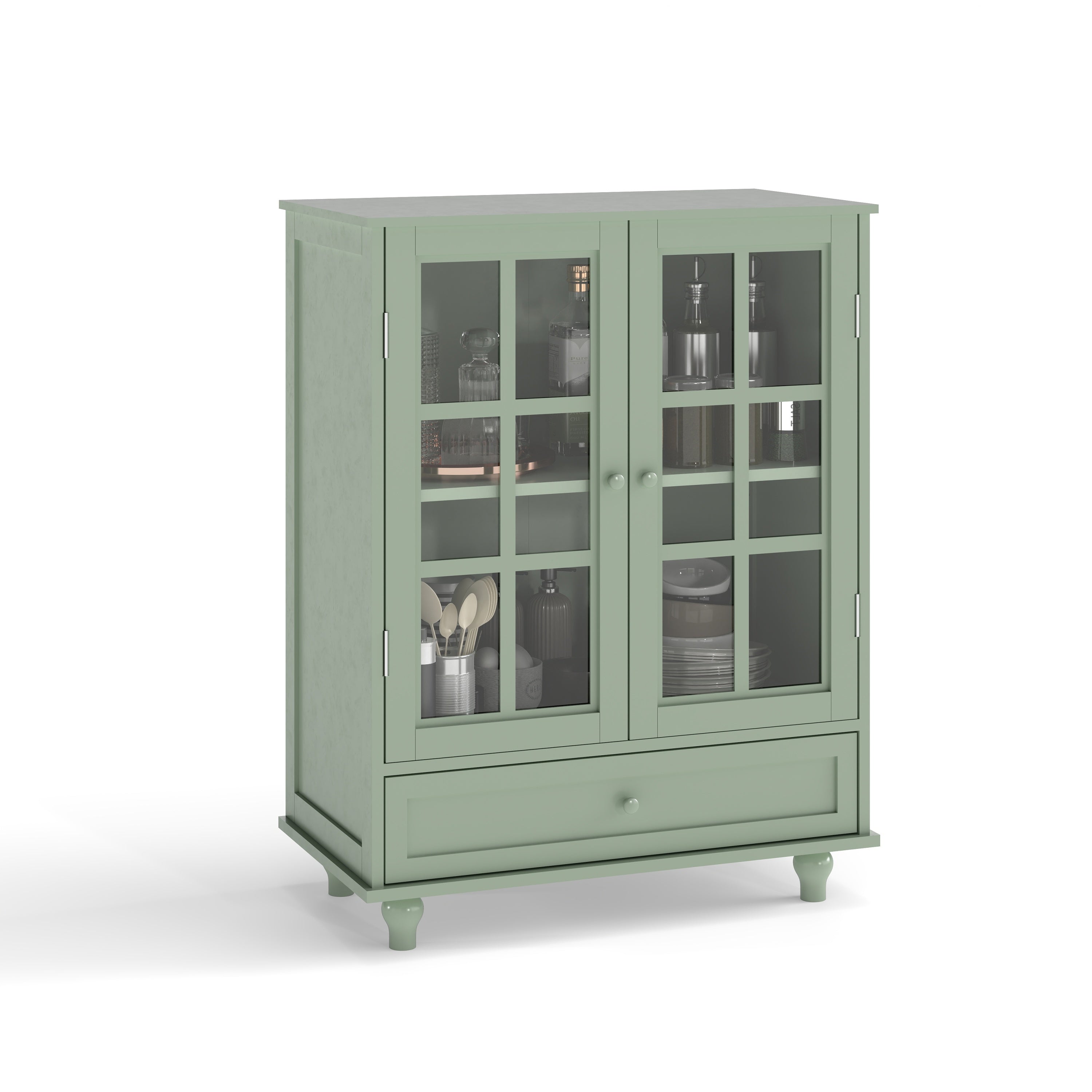 Minimalism Buffet Cabinet with Double Glass Doors and Drawer, Modern Wooden Storage Sideboard Cupboard for Living room, Dining Room Hallway Entryway (Mint Green)