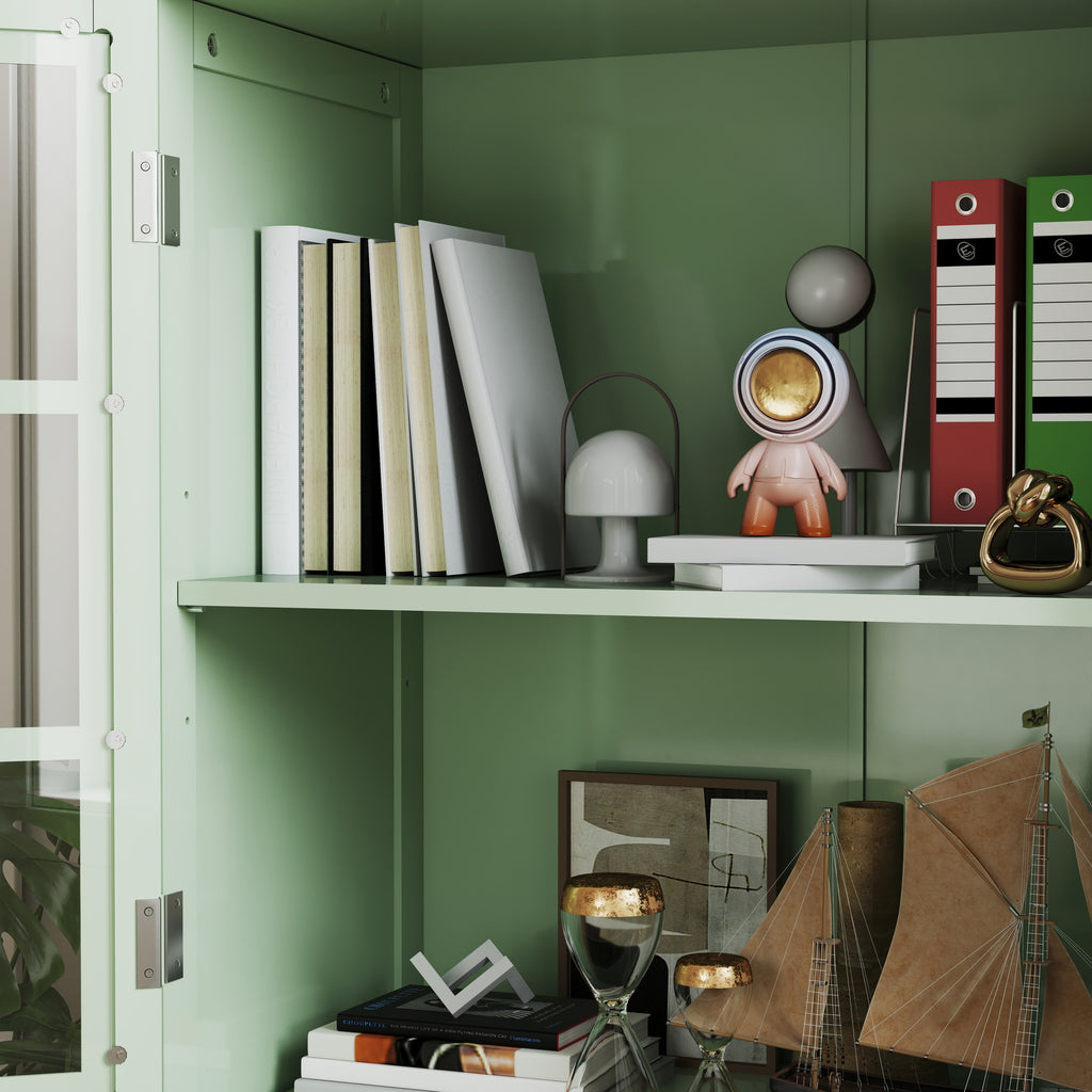 Minimalism Buffet Cabinet with Double Glass Doors and Drawer, Modern Wooden Storage Sideboard Cupboard for Living room, Dining Room Hallway Entryway (Mint Green)