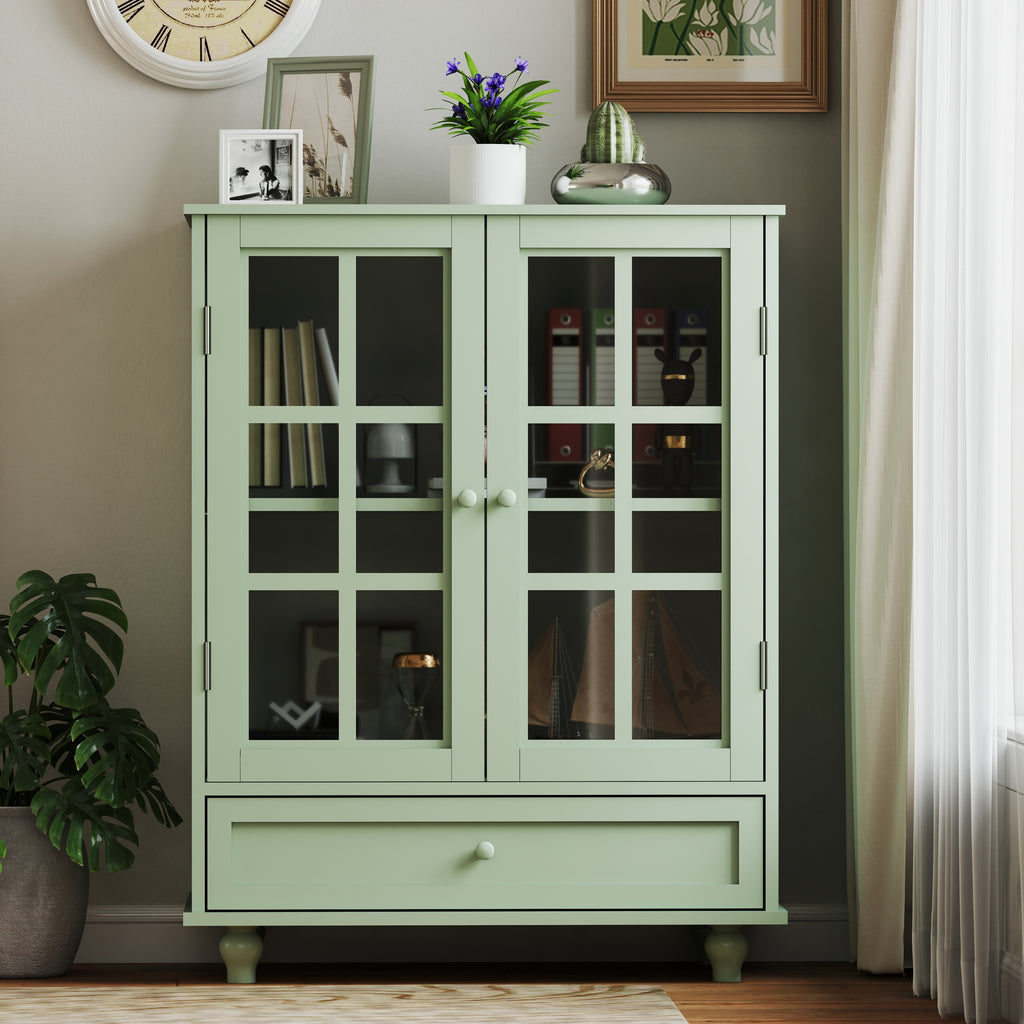 Minimalism Buffet Cabinet with Double Glass Doors and Drawer, Modern Wooden Storage Sideboard Cupboard for Living room, Dining Room Hallway Entryway (Mint Green)