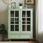 Minimalism Buffet Cabinet with Double Glass Doors and Drawer, Modern Wooden Storage Sideboard Cupboard for Living room, Dining Room Hallway Entryway (Mint Green)