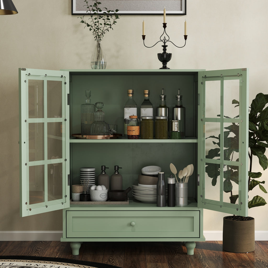Minimalism Buffet Cabinet with Double Glass Doors and Drawer, Modern Wooden Storage Sideboard Cupboard for Living room, Dining Room Hallway Entryway (Mint Green)