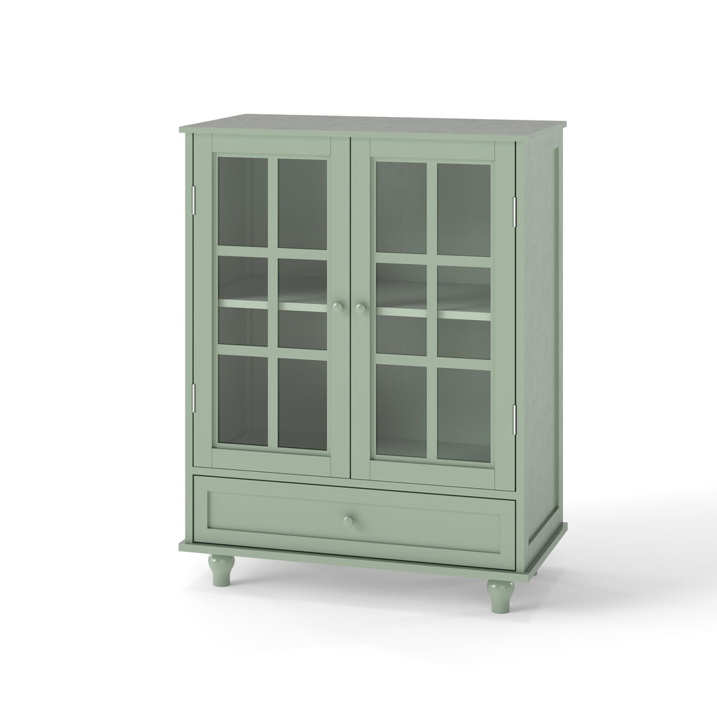 Minimalism Buffet Cabinet with Double Glass Doors and Drawer, Modern Wooden Storage Sideboard Cupboard for Living room, Dining Room Hallway Entryway (Mint Green)