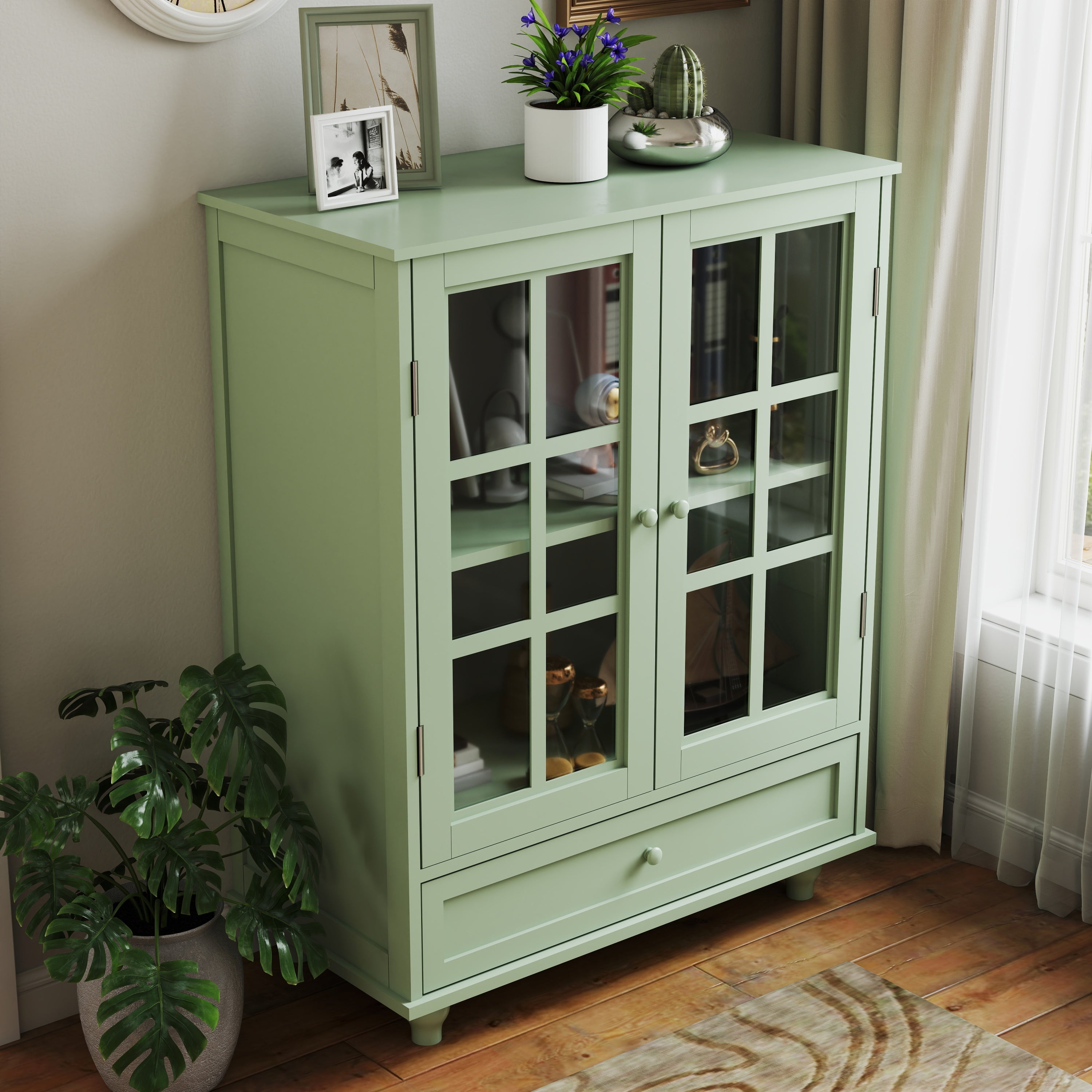Minimalism Buffet Cabinet with Double Glass Doors and Drawer, Modern Wooden Storage Sideboard Cupboard for Living room, Dining Room Hallway Entryway (Mint Green)
