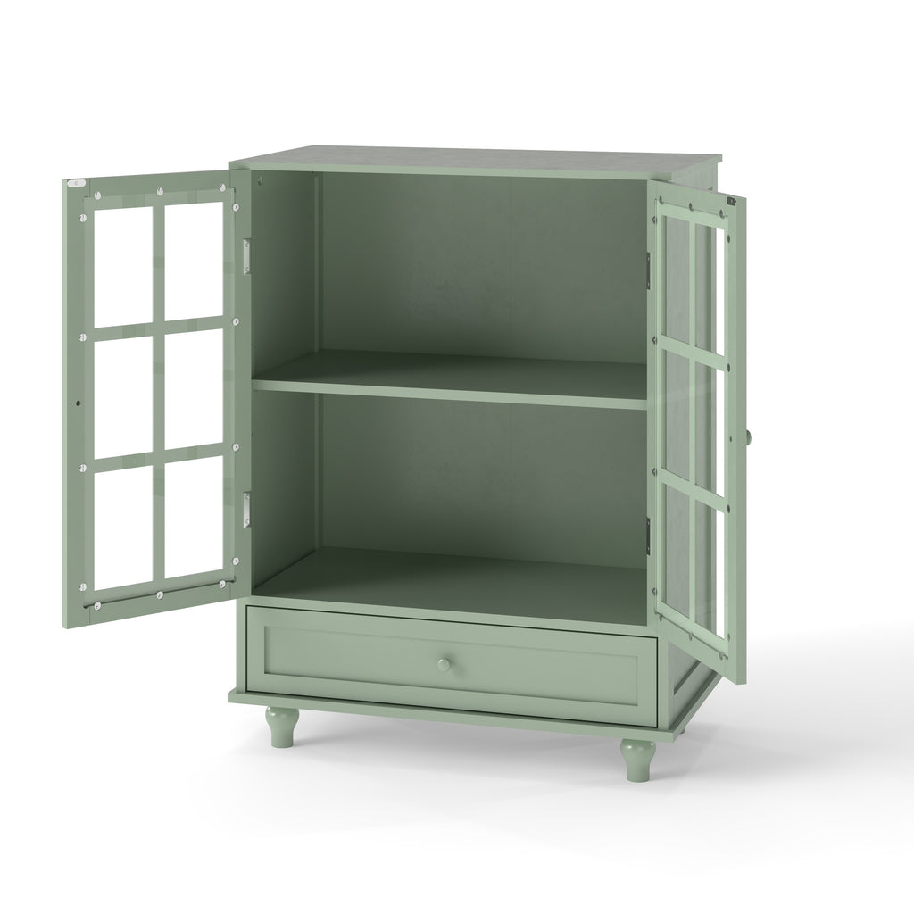 Minimalism Buffet Cabinet with Double Glass Doors and Drawer, Modern Wooden Storage Sideboard Cupboard for Living room, Dining Room Hallway Entryway (Mint Green)