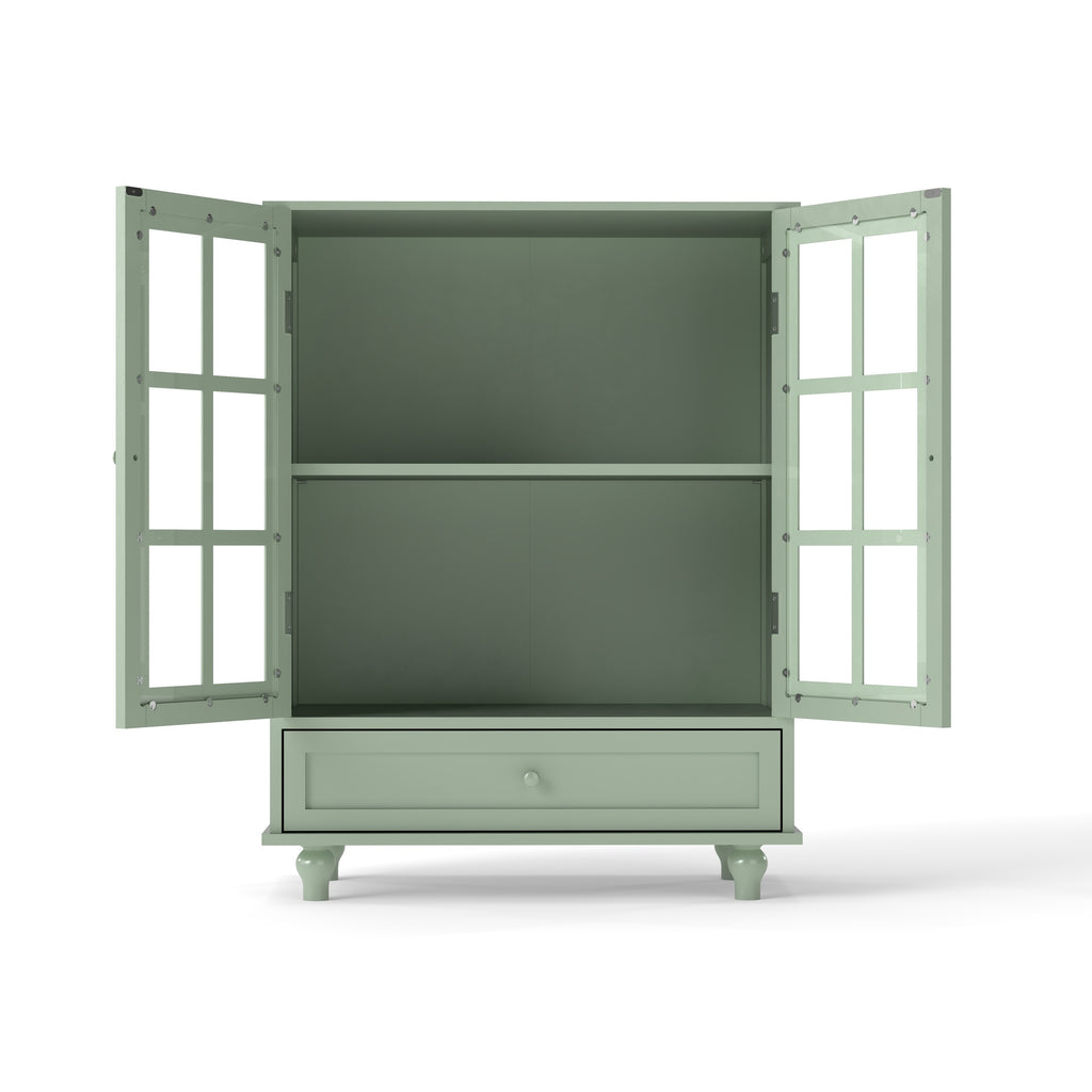 Minimalism Buffet Cabinet with Double Glass Doors and Drawer, Modern Wooden Storage Sideboard Cupboard for Living room, Dining Room Hallway Entryway (Mint Green)