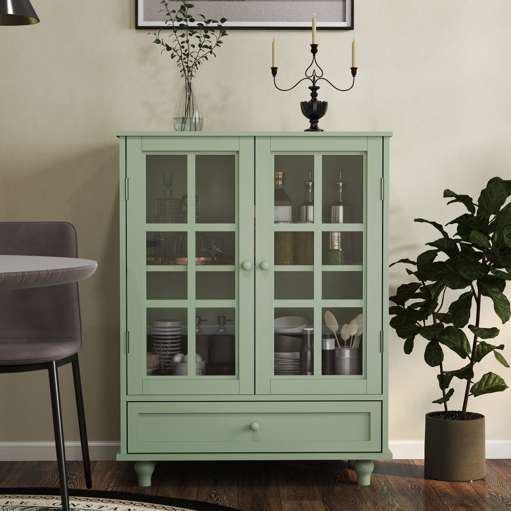 Minimalism Buffet Cabinet with Double Glass Doors and Drawer, Modern Wooden Storage Sideboard Cupboard for Living room, Dining Room Hallway Entryway (Mint Green)