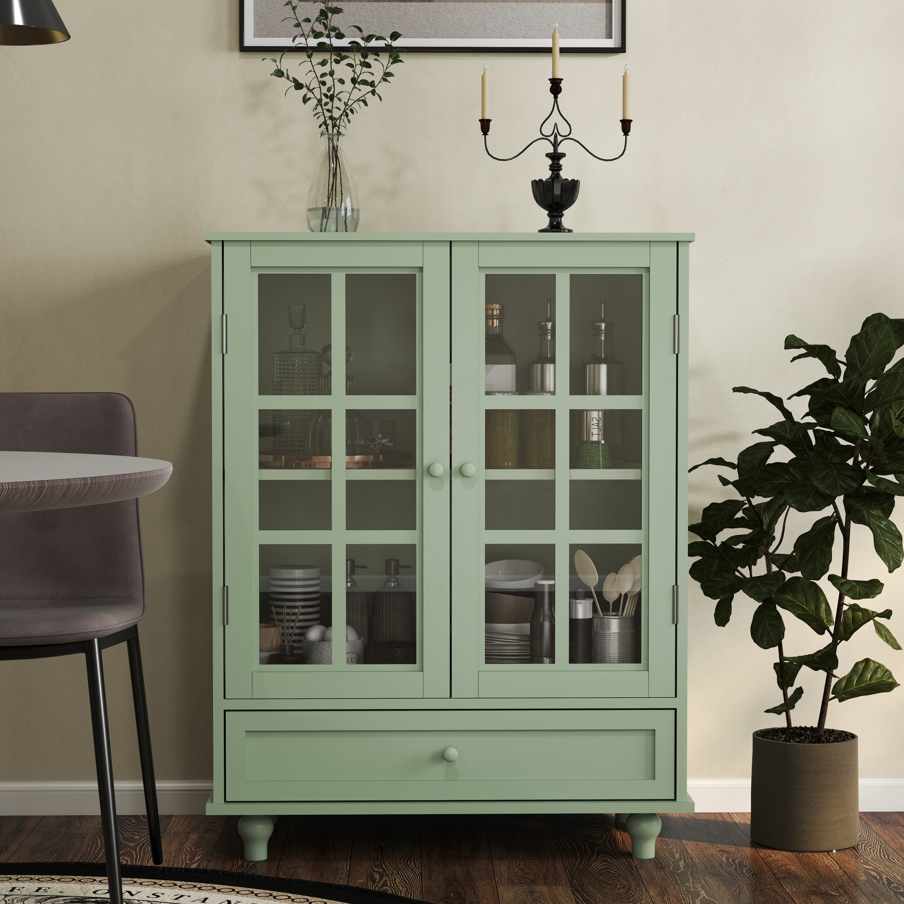 Minimalism Buffet Cabinet with Double Glass Doors and Drawer, Modern Wooden Storage Sideboard Cupboard for Living room, Dining Room Hallway Entryway (Mint Green)