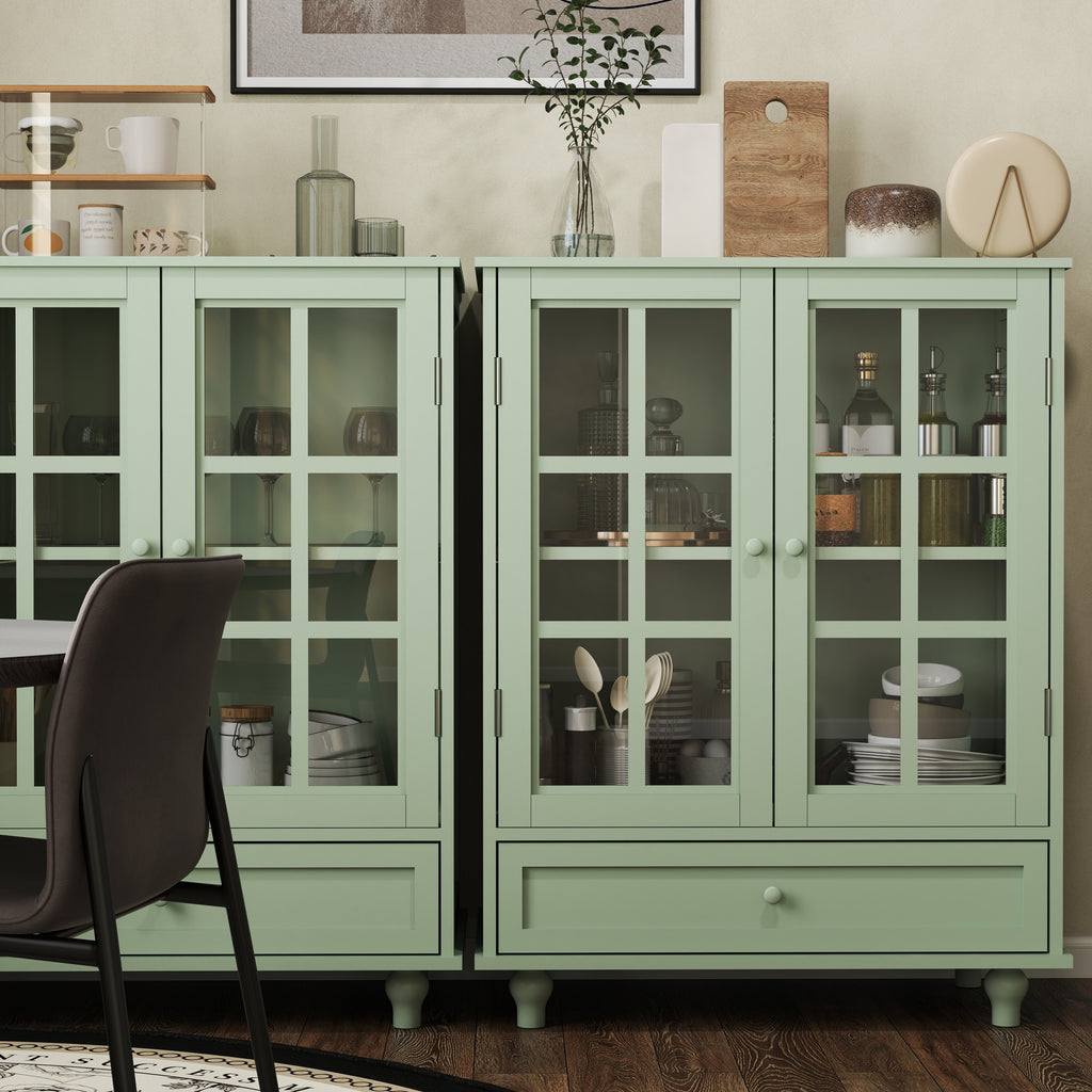 Minimalism Buffet Cabinet with Double Glass Doors and Drawer, Modern Wooden Storage Sideboard Cupboard for Living room, Dining Room Hallway Entryway (Mint Green)