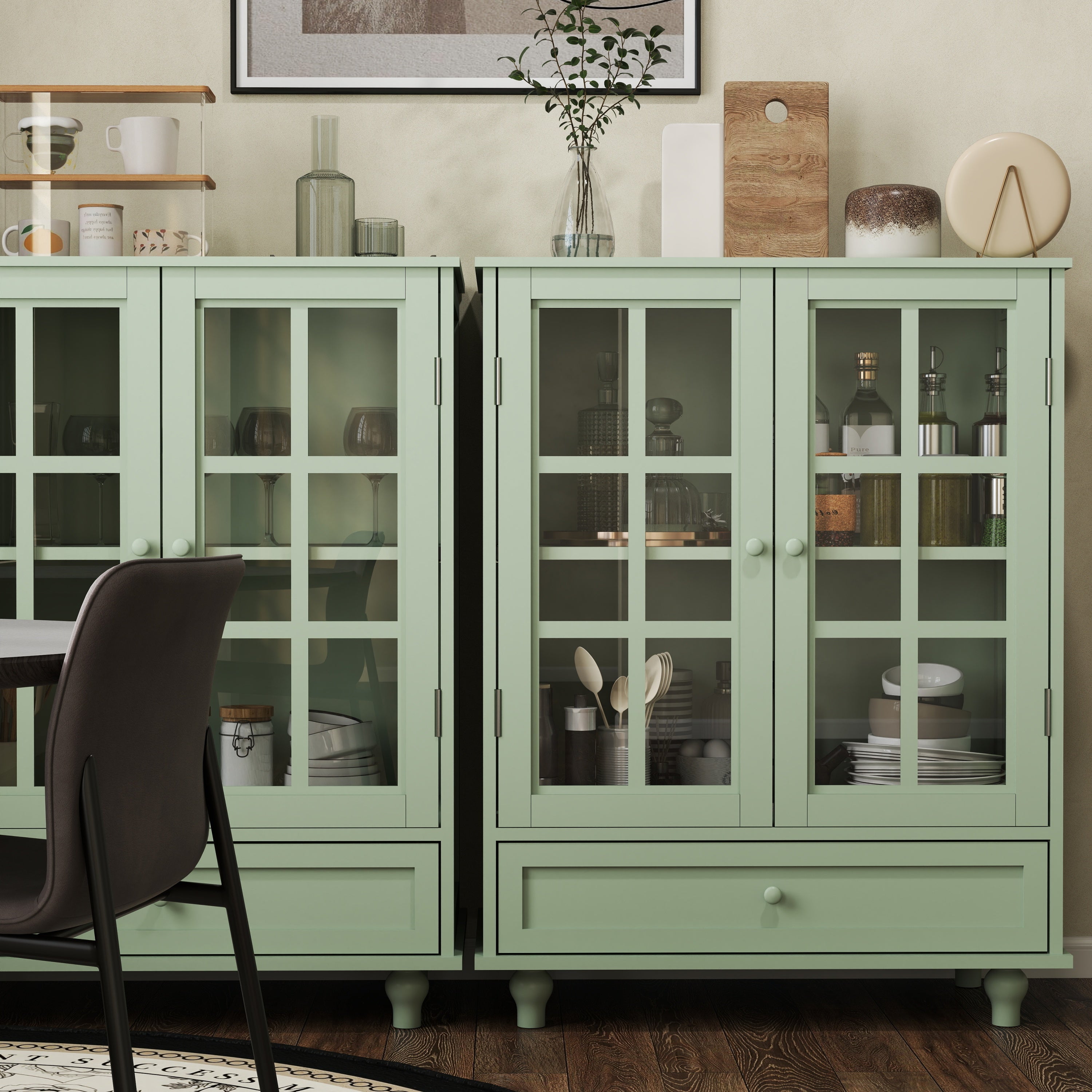Minimalism Buffet Cabinet with Double Glass Doors and Drawer, Modern Wooden Storage Sideboard Cupboard for Living room, Dining Room Hallway Entryway (Mint Green)