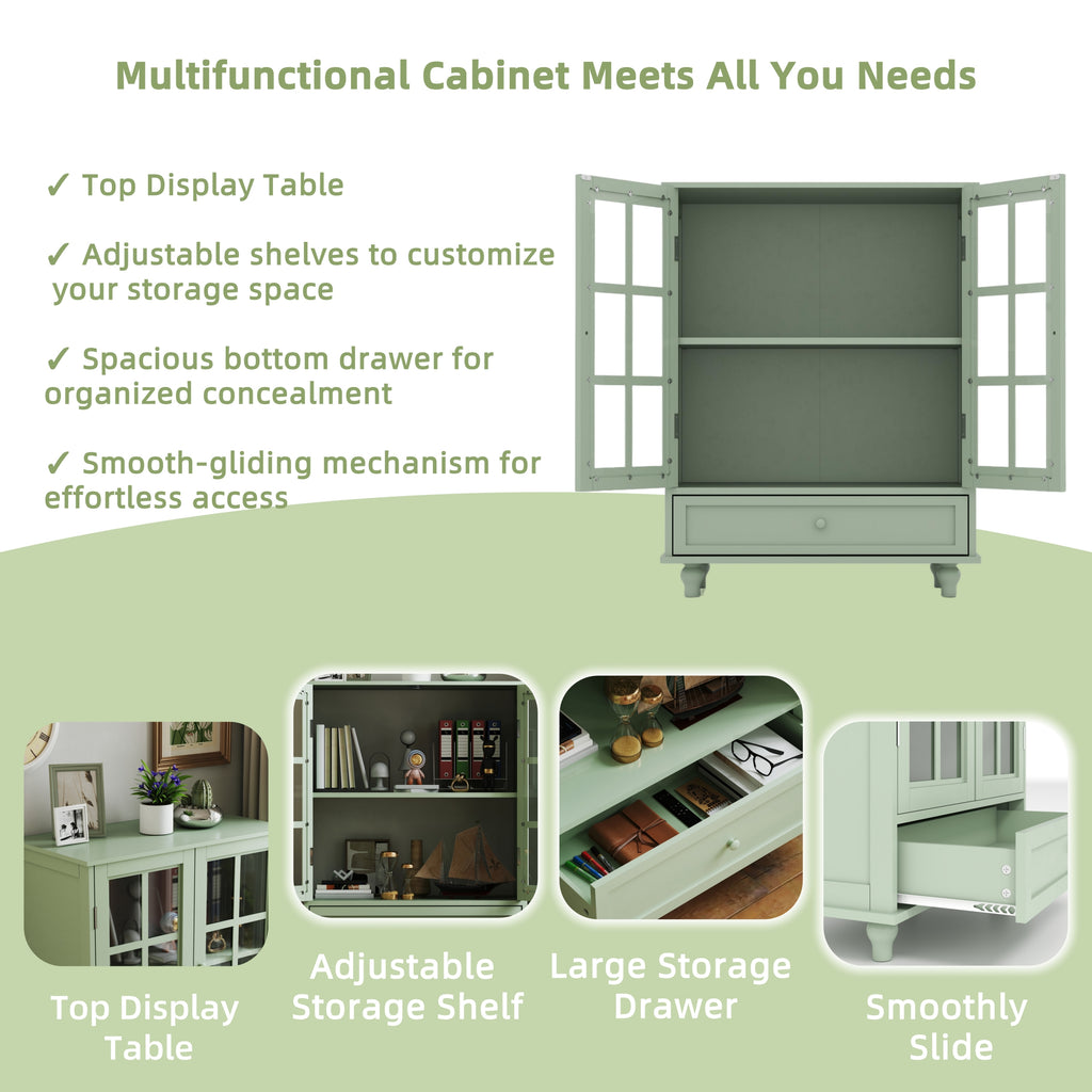 Minimalism Buffet Cabinet with Double Glass Doors and Drawer, Modern Wooden Storage Sideboard Cupboard for Living room, Dining Room Hallway Entryway (Mint Green)