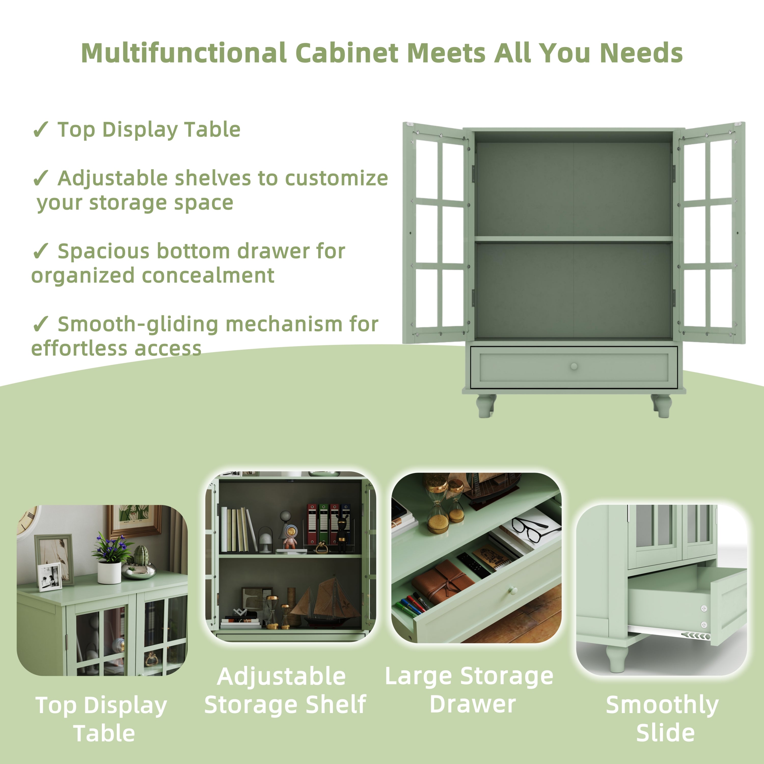 Minimalism Buffet Cabinet with Double Glass Doors and Drawer, Modern Wooden Storage Sideboard Cupboard for Living room, Dining Room Hallway Entryway (Mint Green)