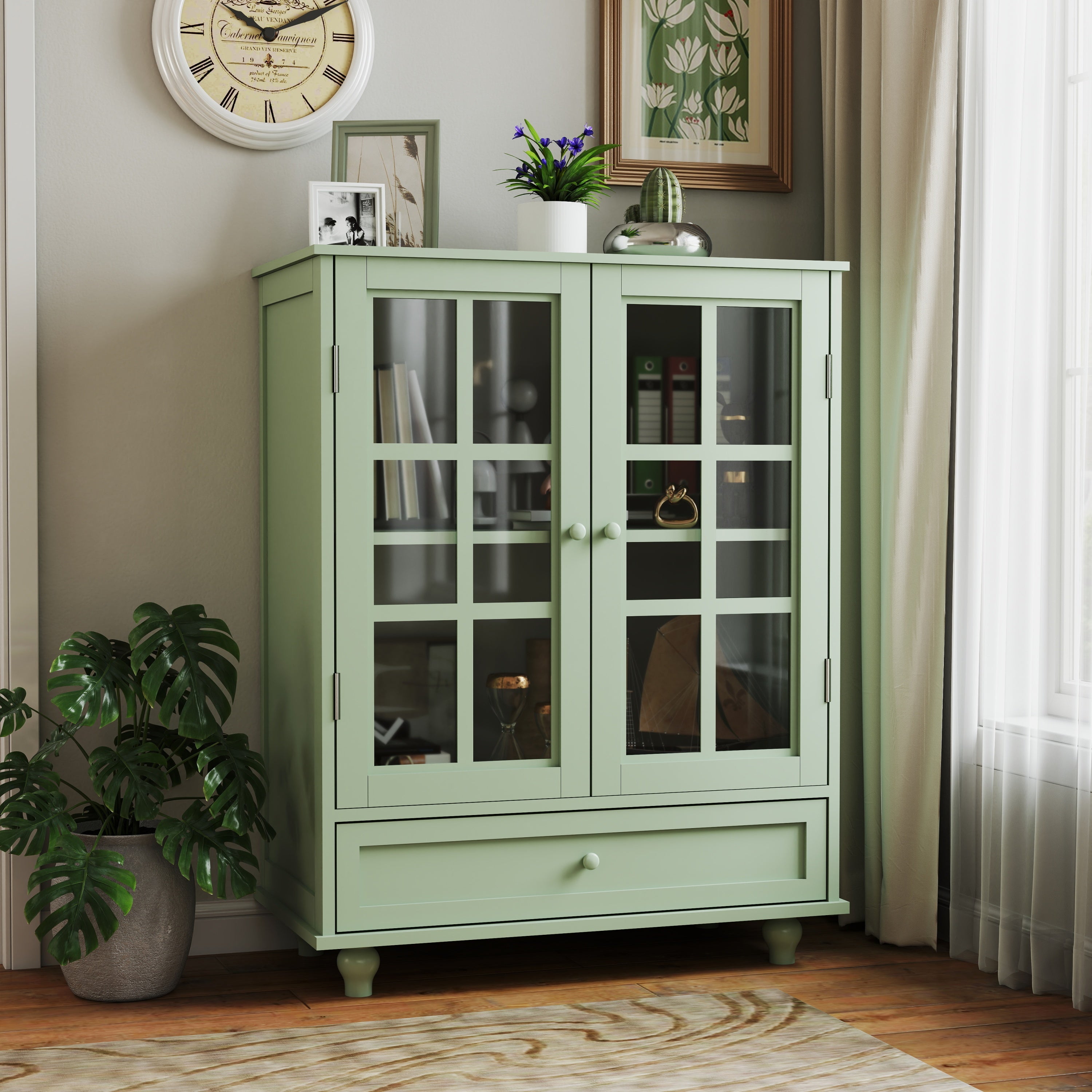 Minimalism Buffet Cabinet with Double Glass Doors and Drawer, Modern Wooden Storage Sideboard Cupboard for Living room, Dining Room Hallway Entryway (Mint Green)