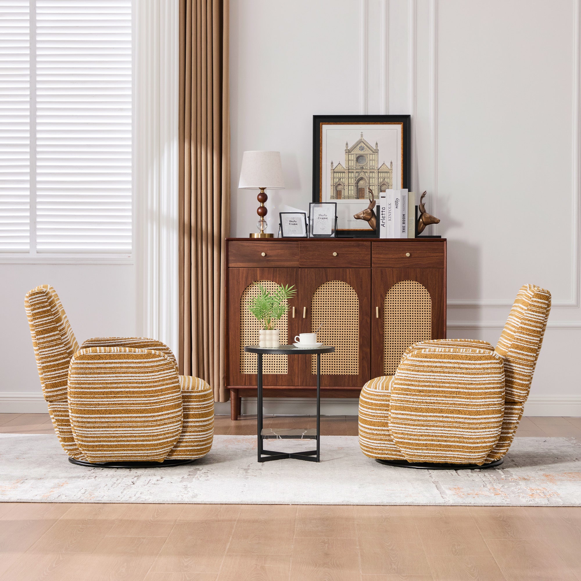 Modern Style 360° Swivel Leisure Chair Fabric Striped Armrest Swivel Chair with sand-rimmed fabric and metal bracket, suitable for living room, balcony and bedroom Accent Chair